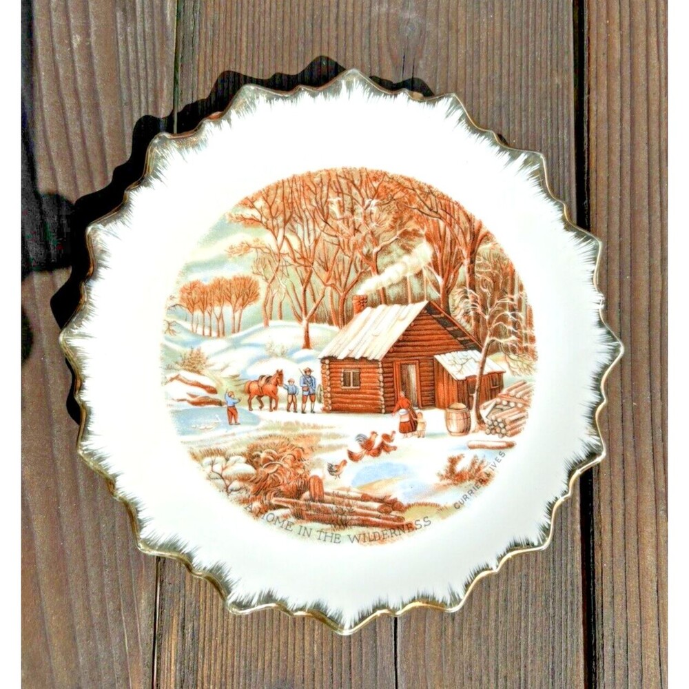 Vintage Currier & Ives Winter/Wilderness Log Cabin Plate ~ Nevco ~ Rustic Woods